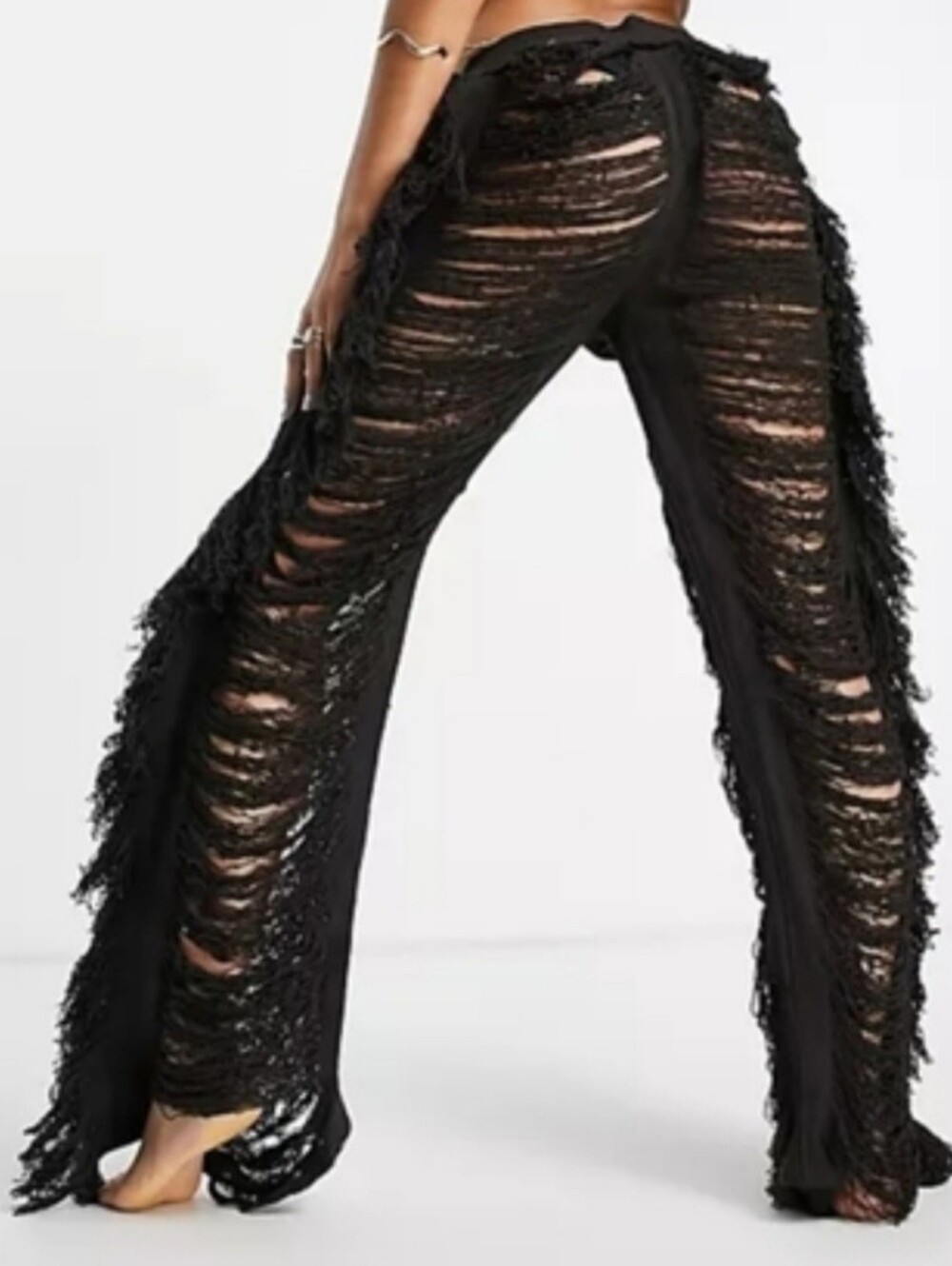 Black Fringe Exaggerated Fray Detail Wide Leg pants with Bikini Top Size XL♥